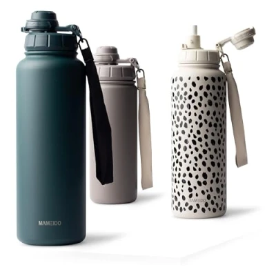 Afbeelding van MAMEIDO Thermosfles met rietje, 700 ml, BPA vrije roestvrijstalen thermosfles, lekvrije drinkfles en draaggreep, waterfles (Ocean Bloom, 0,7 l)