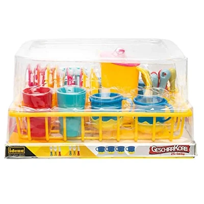 Afbeelding van Idena 40185 Huishoudelijk speelgoed afwasmand 25 delig speelkeuken accessoires met borden, kopjes, glazen, bestek en theepot voor kinderen om te spelen vaardigheden leren