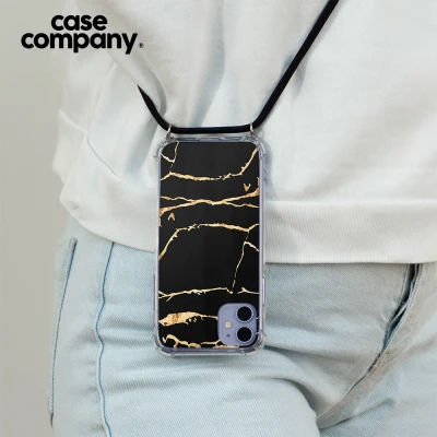 Afbeelding van Case Company® hoesje met Koord geschikt voor iPhone 11 Pro Gouden marmer Telefoonhoesje Zwart Extra Bescherming aan alle Kanten en Over de Schermrand