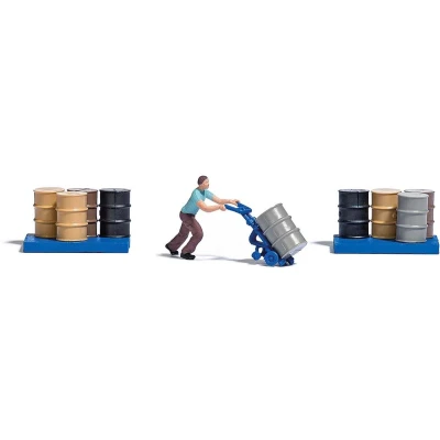 Afbeelding van Busch Action Set 7842 H0 actieset transportkar voor vaten Kant en klaar model