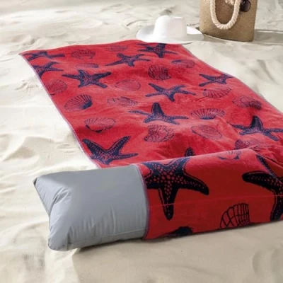 Afbeelding van Delindo Lifestyle Badstof strandlaken met kussen, 100% katoen, blauw, 80 x 180 cm