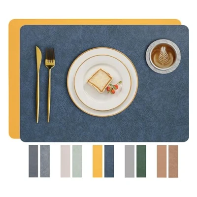 Afbeelding van Placemats, set van 6 Wasbaar, antislip, dubbelzijdig te gebruiken kunstleer, hittebestendig, 45 x 30 cm voor keuken &amp; eettafel (Blauw/Geel)
