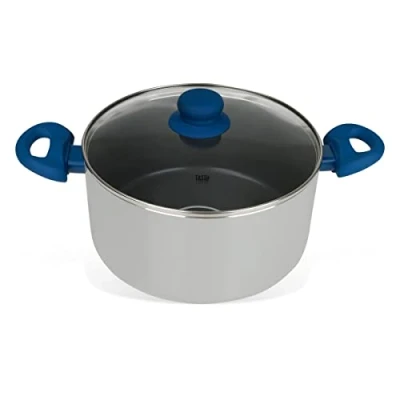 Afbeelding van Tasty kookpan met glazen deksel, antiaanbaklaag en oliedoseersysteem, geschikt voor alle warmtebronnen, ook inductie, vaatwasmachinebestendig, afmetingen: Ø 24 x 18 cm, donkerblauw grijs