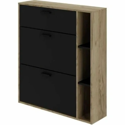 Image de Meuble à chaussures Leona 2 Portes Mélaminé noir et Contour chêne rustique 8 10 Paires L90 x P25 H102 cm