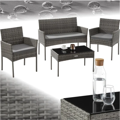 Afbeelding van tectake® Wicker tuinset Palese Zitgroep voor 4 personen Tuinmeubelset met loungebank, tuintafel en 2 tuinstoelen inclusief zitkussens Tuinmeubelen Waterafstotend Grijs