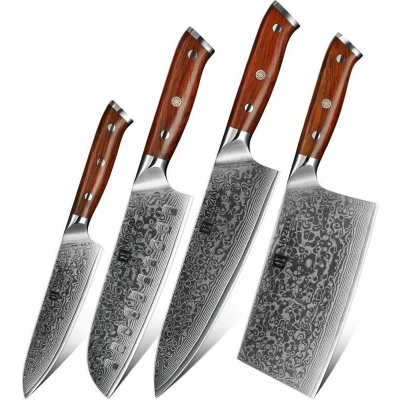 Afbeelding van Luxe en Professionele 4 delige Keukenmessen set van Damascus Staal (67 lagen, VG10) Rozenhouten handgrepen Xinzuo B13R Yu Koksmes + Hakmes Santokumes Groentemes