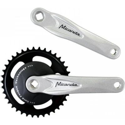 Afbeelding van crankstel Miranda Alfa 1 38T 3/32 met zwarte disc 9.2cm en zilveren crank