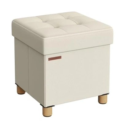 Afbeelding van SONGMICS Opbergkruk, kleine opvouwbare poef, 38 x 40 cm, kubusvormige voetensteun met opslag, belastbaar tot 300 kg, voor woonkamer, slaapkamer, slaapzaal, crèmewit LSF014W11