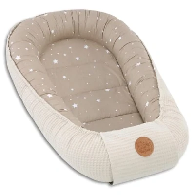 Afbeelding van Babynestje voor pasgeborenen, 90 x 50 cm, cocon, handgemaakt, gewafeld katoen aan beide kanten, beige, met witte sterren