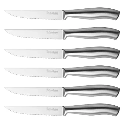 Afbeelding van isheTao Steakmes, 6 delige steakmessen van roestvrij staal, gekartelde steakmessenset, tafelmes, steakbestek, keuken, vaatwasmachinebestendig, 23,5 cm