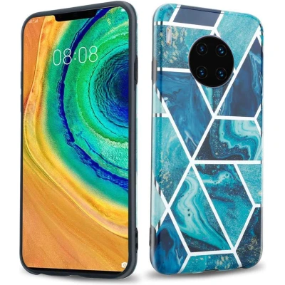 Afbeelding van Cadorabo Hoesje geschikt voor Huawei MATE 30 PRO in Blauwe Golf Marmer No. 13 Beschermhoes gemaakt van TPU siliconen Case Cover met mozaïek motief
