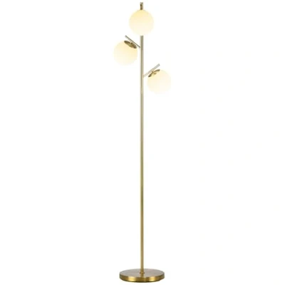 Afbeelding van HOMCOM Staande lamp woonkamer van goudkleurig metaal met 2 lampenkappen witte wereldbol matglas 40W Ø 27 x 169H cm