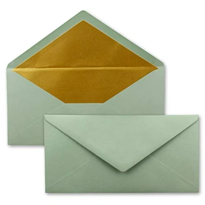 Afbeelding van 100 enveloppen DIN lang, eucalyptus (groen) met goudkleurige metalen voering, 110 x 220 mm, natte plakrand