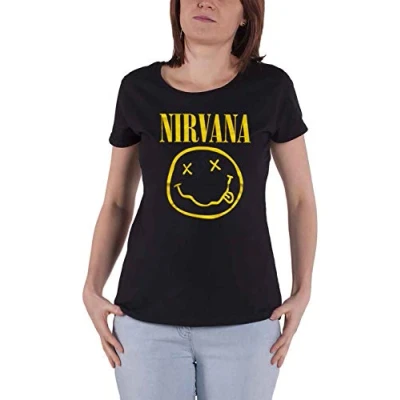 Afbeelding van Nirvana Yellow Happy Face Dames T shirt S Zwart