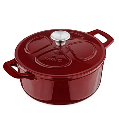 Afbeelding van Navaris gietijzeren braadpan met deksel Dutch oven Geëmailleerde pan Geschikt voor inductie gas en keramisch koken Bordeauxrood
