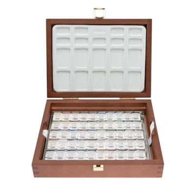 Afbeelding van Schmincke Horadam® Aquarell houten verfdoos met 50 halve potten in super granulaat Horadam kleuren 74 450 097