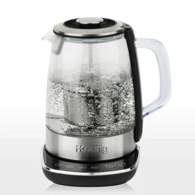 Afbeelding van H.Koenig Instant T glazen waterkoker 1,5 liter TI600 met thee ei filter van roestvrij staal, compact, snel koken, thermostaat instelbaar 70 tot 100 C, houdt bij