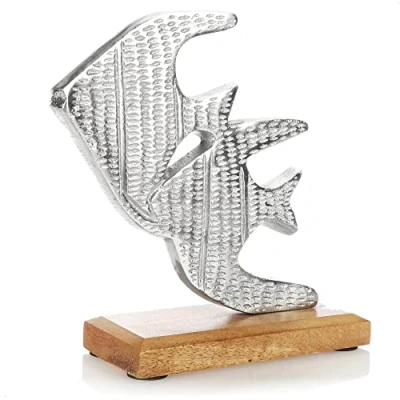 Afbeelding van COM FOUR® Premium visstandaard decoratieve vis van metaal op basis mangohout zeevis om neer te zetten en decoreren (zilver vis)