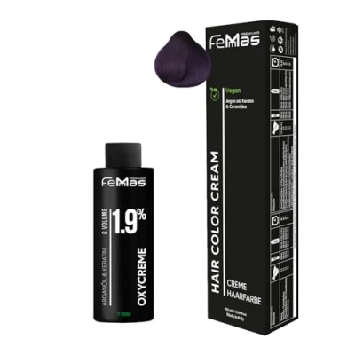 Afbeelding van Femmas permanente haarkleurset Violet I Hair Color Cream 100 ml + oxycreme 1,9% haarkleur ontwikkelaar zacht en duurzaam haarverf voor salon