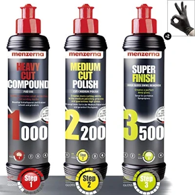 Afbeelding van Menzerna Heavy Cut Compound 1000, 250 ml &amp; Medium Polish 2200, Super Finish 3500, + detailmate beschermende handschoenen