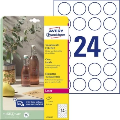Afbeelding van Avery Zweckform L7780 25 folie etiketten Ø 40 mm Polyester Transparant 600 stuk(s) Permanent hechtend Laser (kleur), (zwart/wit), Handschriften