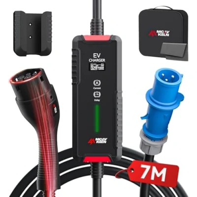 Afbeelding van MCEVKELN Oplader type 2, 7 kW, elektrische autolader met CEE (3 pin eenfasig), schakelbare stroom 6 32 A, IP65 m EV oplaadkabel IEC 62196 2 EVSE draagtas