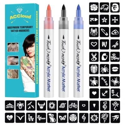Afbeelding van ACCloud Tijdelijke huidtatoeages, 3 lichaamsmarkers + 63 tatoeages, sjablonenset, flexibele borstelkop, tatoeages voor kinderen, Halloween