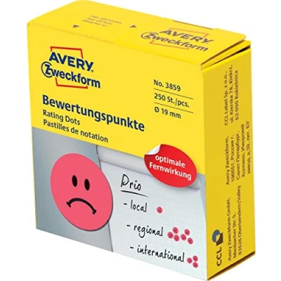 Afbeelding van Avery rating dots, diameter 19 mm, rol met 250 stuks, smiley, rood etiket