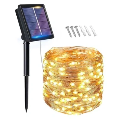 Afbeelding van flintronic Solar Lichtslingers Buiten, Tuinverlichting (100 LED 8 Standen) 10M/33ft Auto Aan/Uit Koperdraadverlichting, Waterdicht Gedecoreerd Licht voor Kerstmis, Feest, Huis, Tuin (Warm Wit)