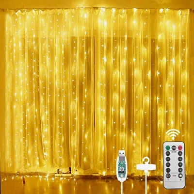 Afbeelding van AOMIG Lichtsnoer, gordijn, 3 m x m, 300 leds, lichtgordijn, lage spanning, 5 V, 8 verlichtingsmodi, waterdicht, IP67, voor binnen en buiten, decoratie Kerstmis, verjaardag, raam