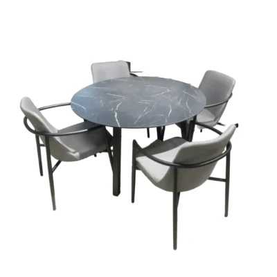 Afbeelding van Tuinset Teeburu tafel black, slate dia. 120 cm met 4 stoelen Youkou stoel mixed grey Yoi
