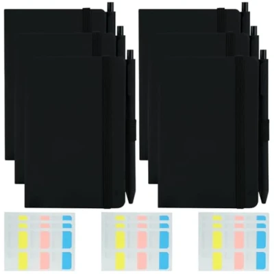 Afbeelding van 6 stuks A6 zaknotitieboeken, klein notitieboek met harde kaft, mini notitieboeken pennen en 10 zelfklevende notities, gelinieerd notitieblok, 160 pagina&#039;s voor kantoor, thuis, zwart