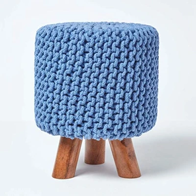 Afbeelding van Homescapes Gebreide Voetenbank 42cm Hoog Blauw