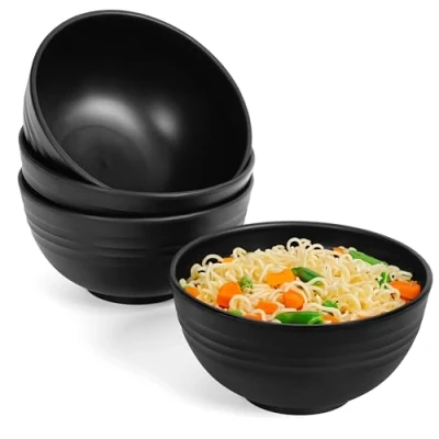 Afbeelding van Belle Vous 4 Pak Zwart Plastic Herbruikbare Ontbijt Kommen 700 ml Serveer Set Onbreekbaar, BPA Vrij, Lichtgewicht voor Soep, Noedels, Fruit &amp; Salade Magnetron en Vaatwasser Veilig