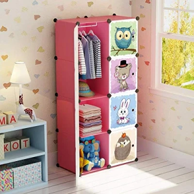 Afbeelding van BRIAN &amp; DANY Cartoon kledingkast, modulaire opbergorganizer, robuust en veilig voor kinderen, 6 kubussen 1 deel om op te hangen, roze, 75 x 47 147 cm
