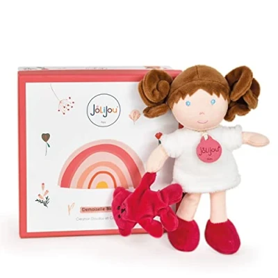 Afbeelding van Jolijou Mijn eerste zachte pop Miss Blanc Geschenkdoos 21 cm Kastanjebruine krullen om te hanteren Met knuffelbeer Cadeau idee voor geboorte meisje JJ6004