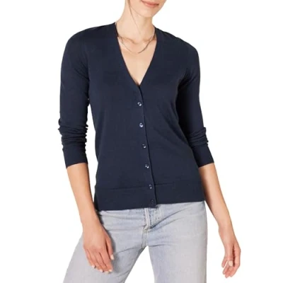 Image de Amazon Essentials Cardigan léger à col en V (grande taille disponible) Kvinnors, Bleu Marine, XXL