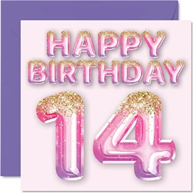 Afbeelding van Verjaardagskaart voor meisjes 14 jaar, roze en paarse glitterballonnen, verjaardagskaarten zus, kleindochter, neef, 145 mm x