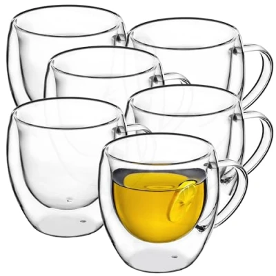 Afbeelding van KADAX Dubbelwandige glazen beker, 250 ml, glas met brede handgreep, drinkglas voor sap, thee, koffie, cappuccino, water, ijsthee, ijs, universeel glas, theeglas, vacuüm (6)
