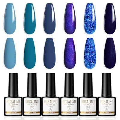 Afbeelding van ROSALIND semi permanente nagellak, glitter, 6 kleuren, uv gel, donkerblauw, marineblauw, /led French manicure, voor nail art, permanent, 8 ml