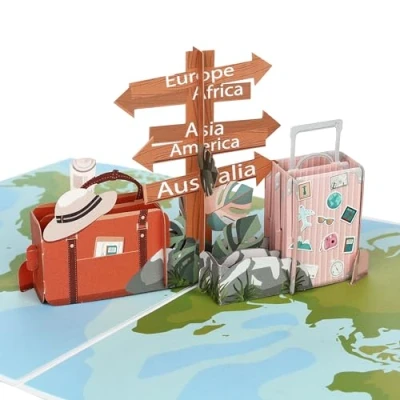 Afbeelding van CraftWerk 3D pop up reiskaart, opvouwbare voucherkaart voor vakantie, reizen, verjaardag of afscheid, creatieve verpakking stadsreizen, cruise huwelijksreis