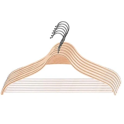 Afbeelding van KADAX 6 stuks houten kleerhangers met gekerfde schouders, broekstang, rok, hemd, pak, antislip, 360 graden draaibare metalen haken