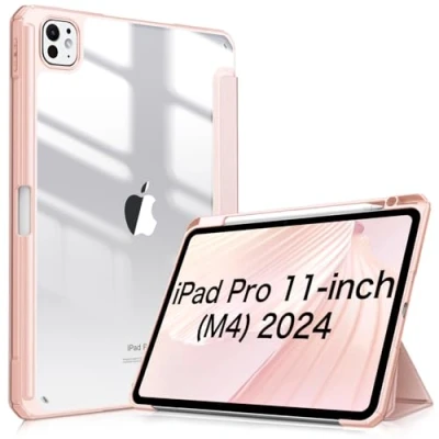 Afbeelding van FINTIE Hybride hoes compatibel met iPad Pro 11 inch (2024) M4, [geïntegreerde potloodhouder] Transparante achterkant, automatische slaap/wake, roségoud