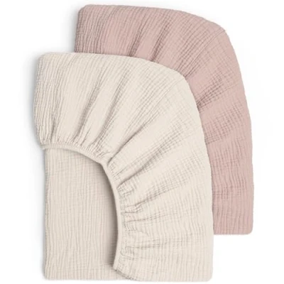 Afbeelding van Set van 2 katoenen mousseline hoeslakens voor kinderen, 60 x 120 cm, 70 140 reisbed, logeerbed, linnen (zandcrème)