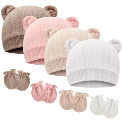 Afbeelding van DRESHOW Babymutsen en wanten, beschermende pasgeborenen, peuters, zacht, schattig, gebreid, muts, 0 6 maanden, één maat, 4 sets: Bear Ears Hats &amp; Mittens A01UK