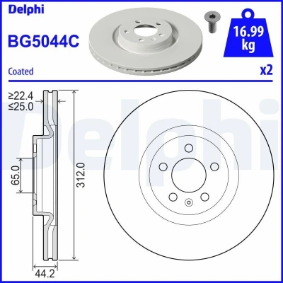 Afbeelding van DELPHI BG5044C Remschijf 312 25 5 Geventileerd Gecoat Semi finished Zonder wiellager, ABS sensorring AUDI: A1 Sportback
