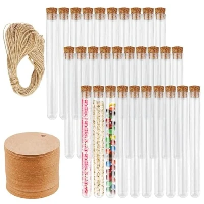 Afbeelding van Firschoie 30 stuks kunststof reageerbuisjes, 15 x 150 mm, transparante testbuizen, kurkstop met hangers van kraftpapier en 20 m henneptouw, voor laboratoria, snoep