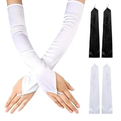 Afbeelding van 2 paar lange satijnen handschoenen voor dames, vingervrij, zacht, elastisch, elegant, formele gelegenheden, cosplay en bruiloft, wit, zwart/wit, één maat, Zwart/Wit