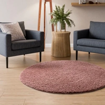 Afbeelding van Interiyou Sofia hoogpolig tapijt 120 x cm rond roze pluizig effen wasbaar antislip zacht