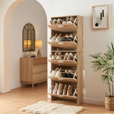 Afbeelding van Schoenenkast Sykkylven 5 kleppen sonoma eiken 169x60x24 cm [en.casa]